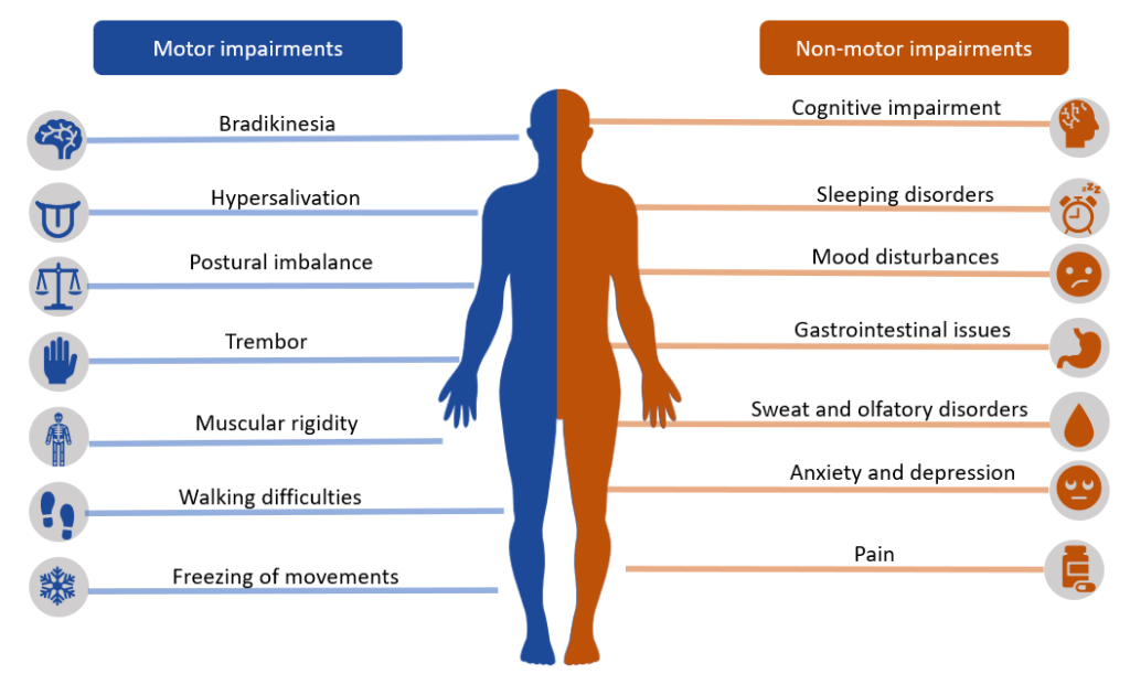 Parkinson's disease diagram showing motor impairments